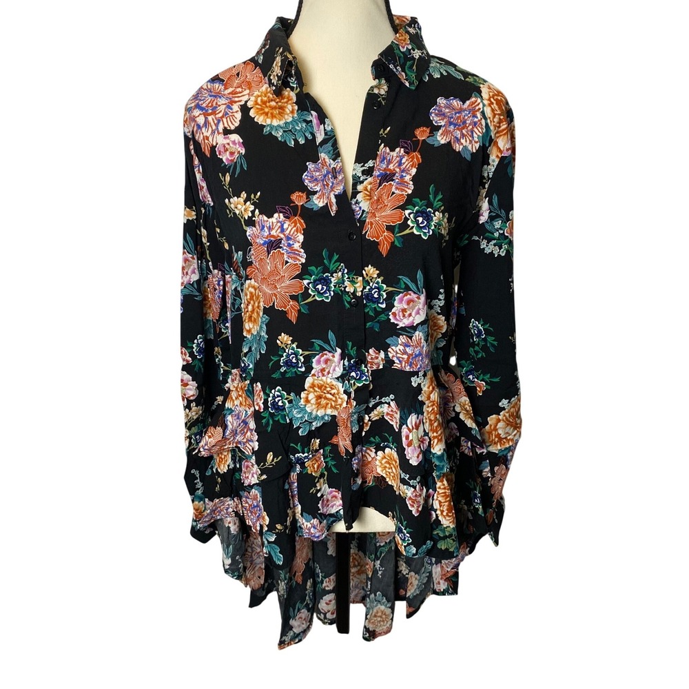 For The Republic Floral High Low Blouse Women Size Medium Black Ruffle Boho Chic
